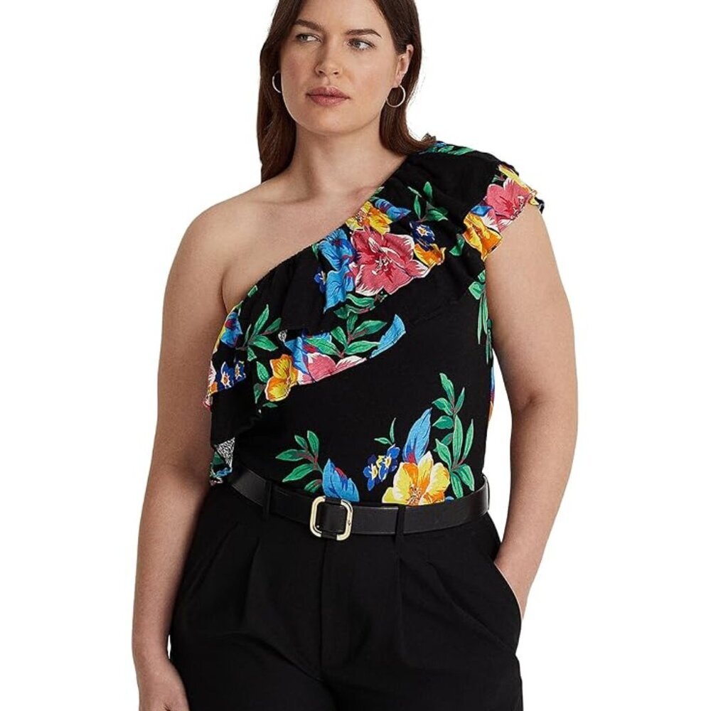 NWT LAUREN Ralph Lauren Plus Floral Jersey One Shoulder Top